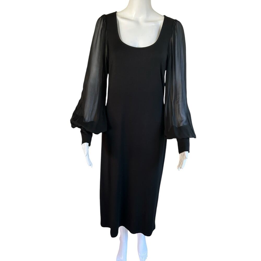 Fifteen Twenty Dress M Black Silk Sheer Balloon Sleeve Stretch Jersey Midi USA